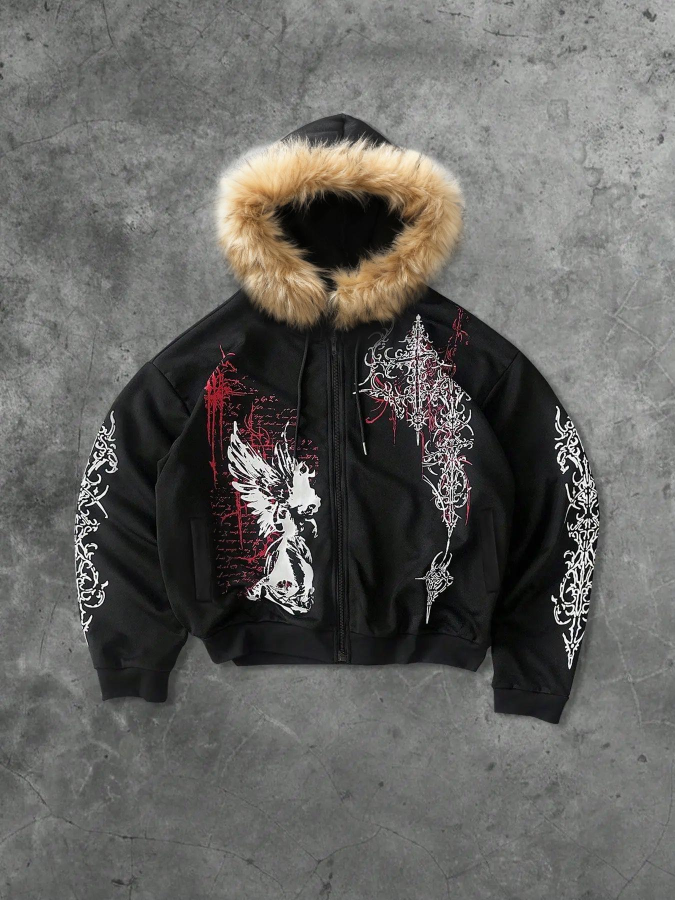 Men's Fleece-Lined Open Front Hoodie with Gothic Print, Casual Fashion Pullover for Daily Wear, Comfortable and Stylish Sweatshirt