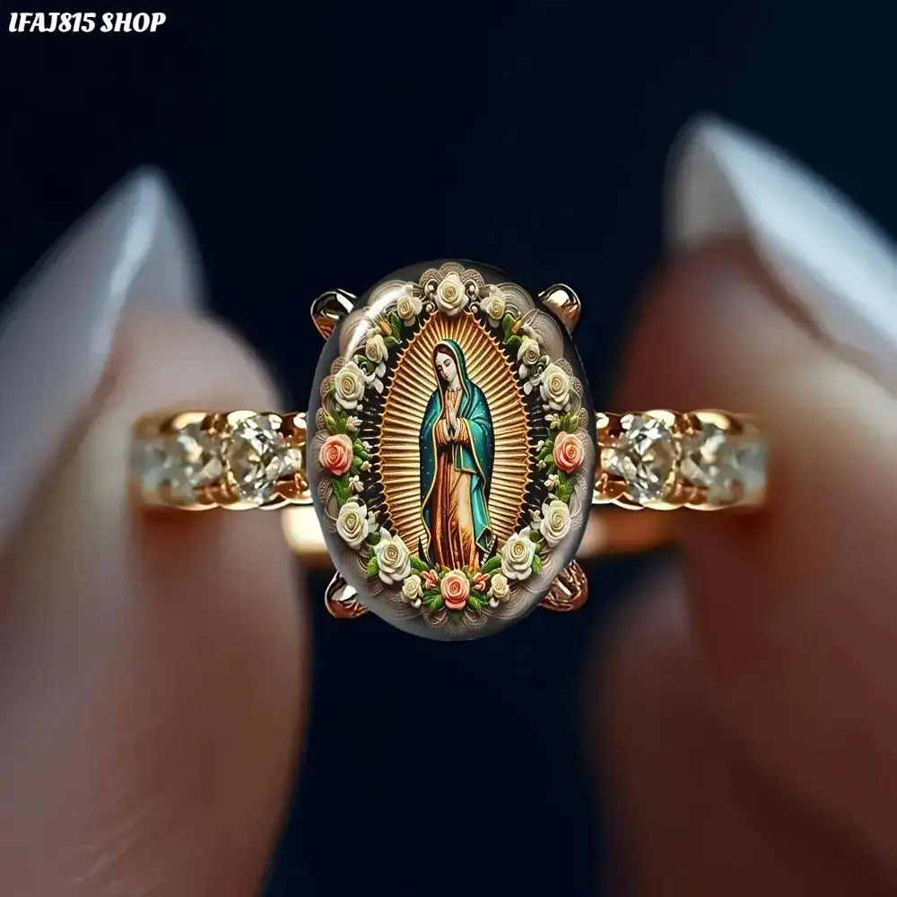 Women’s Vintage Virgin Mary Ring, Floral Oval Statement Ring with Rhinestone Details, Elegant Faith Inspired Fashion Jewelry, Antique Style Jewelry Gift for Daily Wear, Party & Special Occasions
