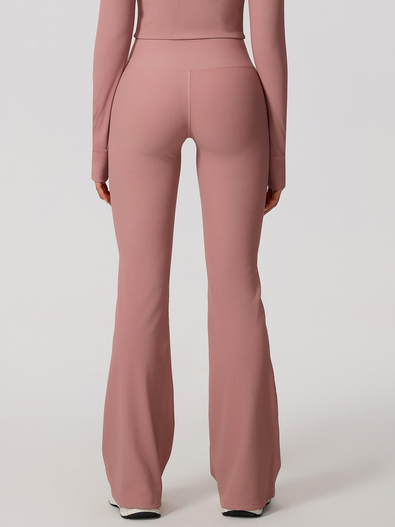 Women’s High Waist Ribbed Flare Yoga Pants, Soft Slim-Fitting Tummy Control Plain Leggings, Stylish Sporty Design with Cross Front Details