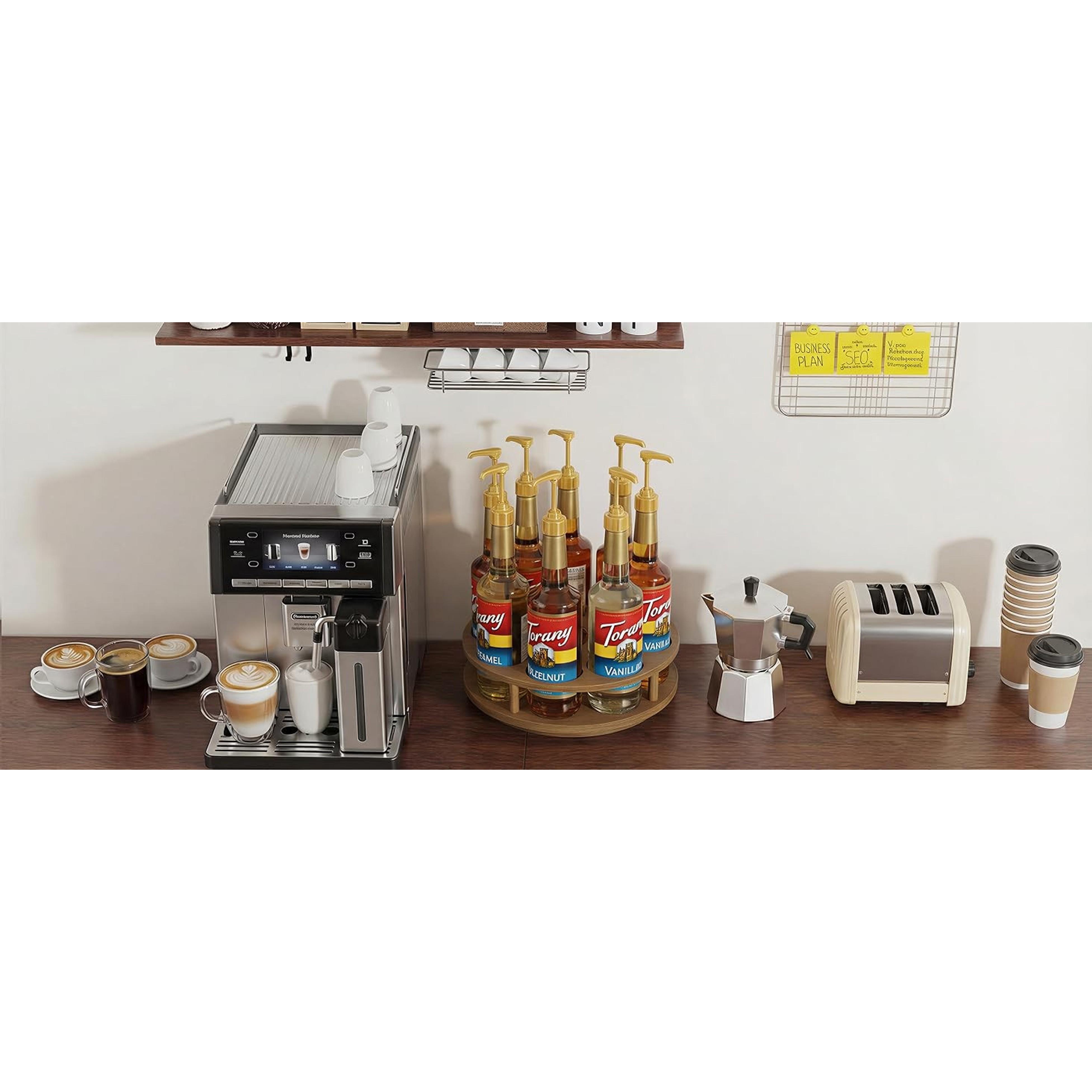 Rotating Coffee Syrup Organizer for Countertop, 9-Bottle Wooden Syrup Rack & Bottle Holder for Coffee Bar Station, Turntable Display Stand, Black