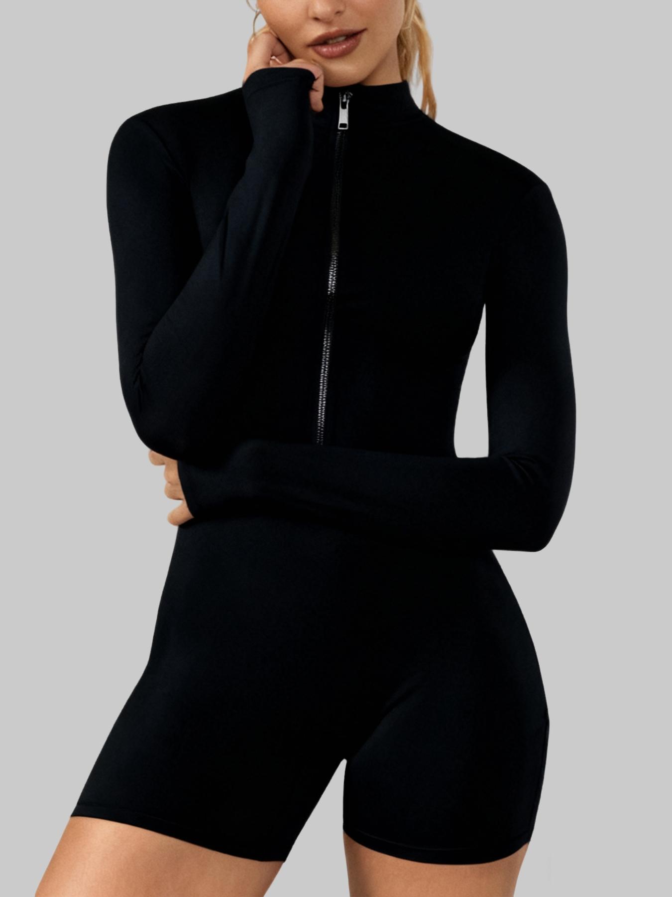 Women's Long Sleeve Zipper Stand Collar Yoga Pantsuit, High Elasticity Soft Fabric, Sporty Above-The-Knee Design for Fall & Winter, Workout Jumpsuit