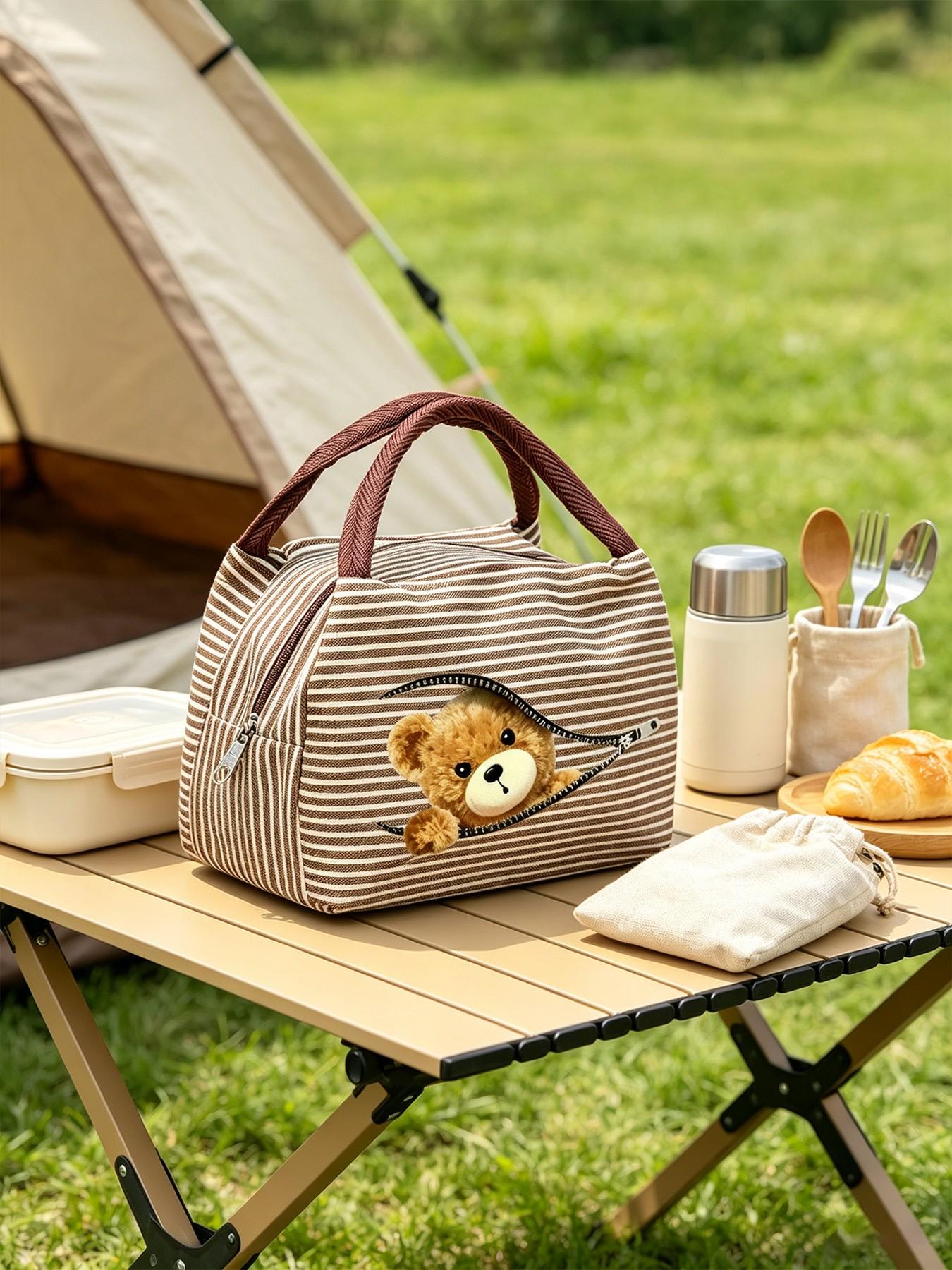 Creative Zipper Bear Lunch Bag, Insulated Meal Pouch, Thick Striped Handle, Large Capacity, Outdoor Picnic, Insulated Lunch Tote, Multiple Colors Available