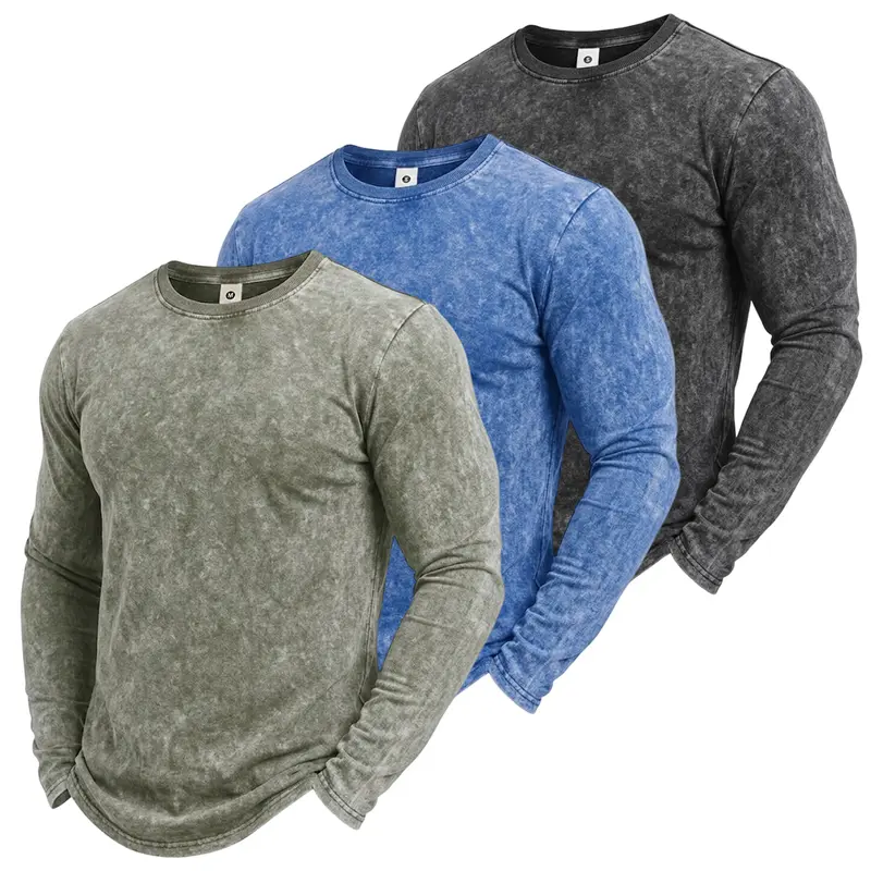 Men's Spring/Autumn Thin Acid-washed Long Sleeve T-Shirt Stylish Casual Commuter Bottom Shirt Suitable for Outdoor Sports & Vacation Ideal Gift for Boyfriend/Husband Menswear Streetwear Top Washed Vintage Distressed Unisex Base Layer Shirt