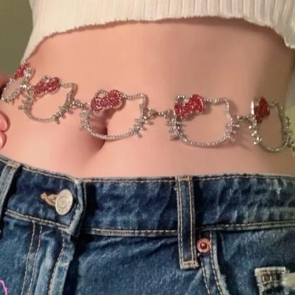 Sweet and cool girl cat waist chain, Y2K babe style metal belt with glittering diamonds, fashionable and unique accessory for skirts.
