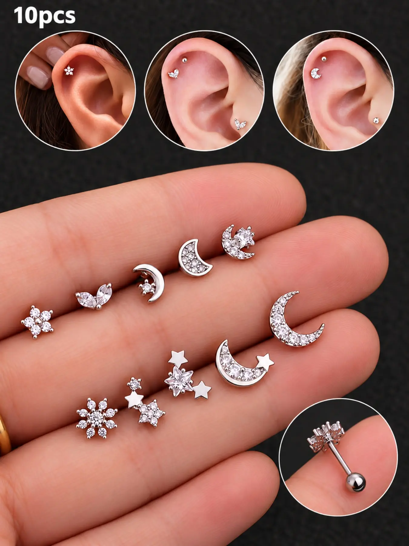 10pcs Women’s Star & Moon Rhinestone Stud Earrings, Mix-And-Match Jewelry for Everyday Wear, Date Nights & Holiday Parties, Gift for Her