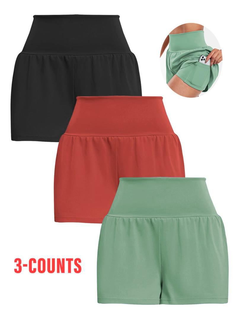 Women's Solid Color Pocket Sports Shorts, Comfy Breathable 2 in 1 Shorts for Yoga Gym Workout Running, Ladies Sportswear for All Seasons