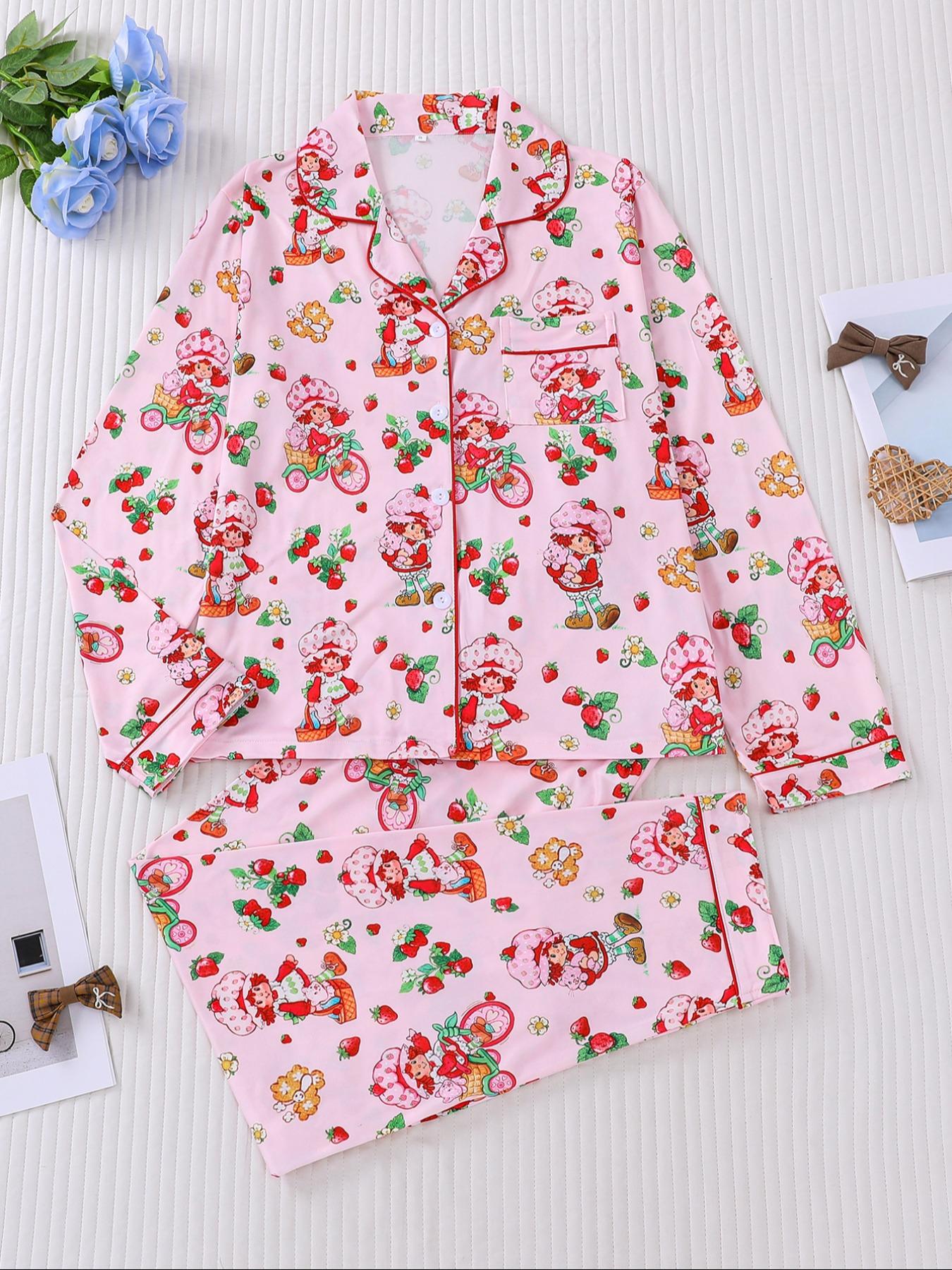 Women's Strawberry Pattern Print Sleepwear Set, Long-Sleeve Button-Up Top & Elastic-Waist Pants, Casual Fall Winter Pajamas, Comfortable Home Wear