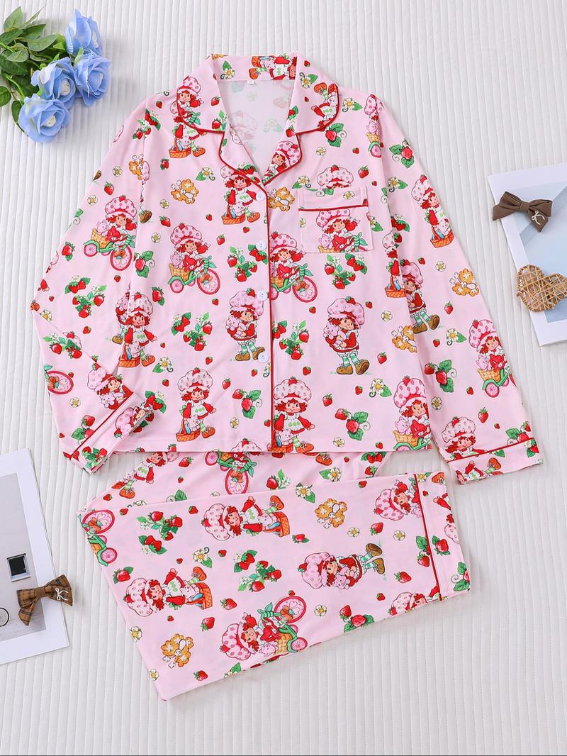 Women's Strawberry Pattern Sleepwear Set, Long-Sleeve Button-Up Top & Elastic-Waist Pants, Casual Fall Winter Pajamas, Comfortable Home Wear