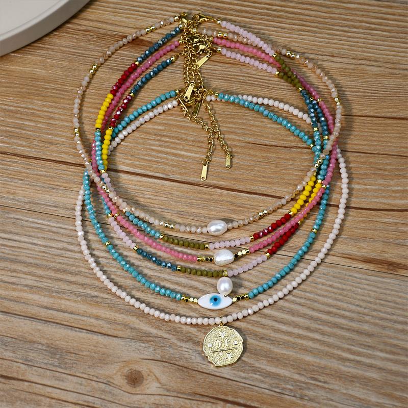 Funtopia Handmade Female Crystal Glass Necklace Pearl Summer Bohemian Multi Color Layered Chains Stainless Steel Chains Evil Eye Necklace Valentine's Day Gifts Anniversary Gifts