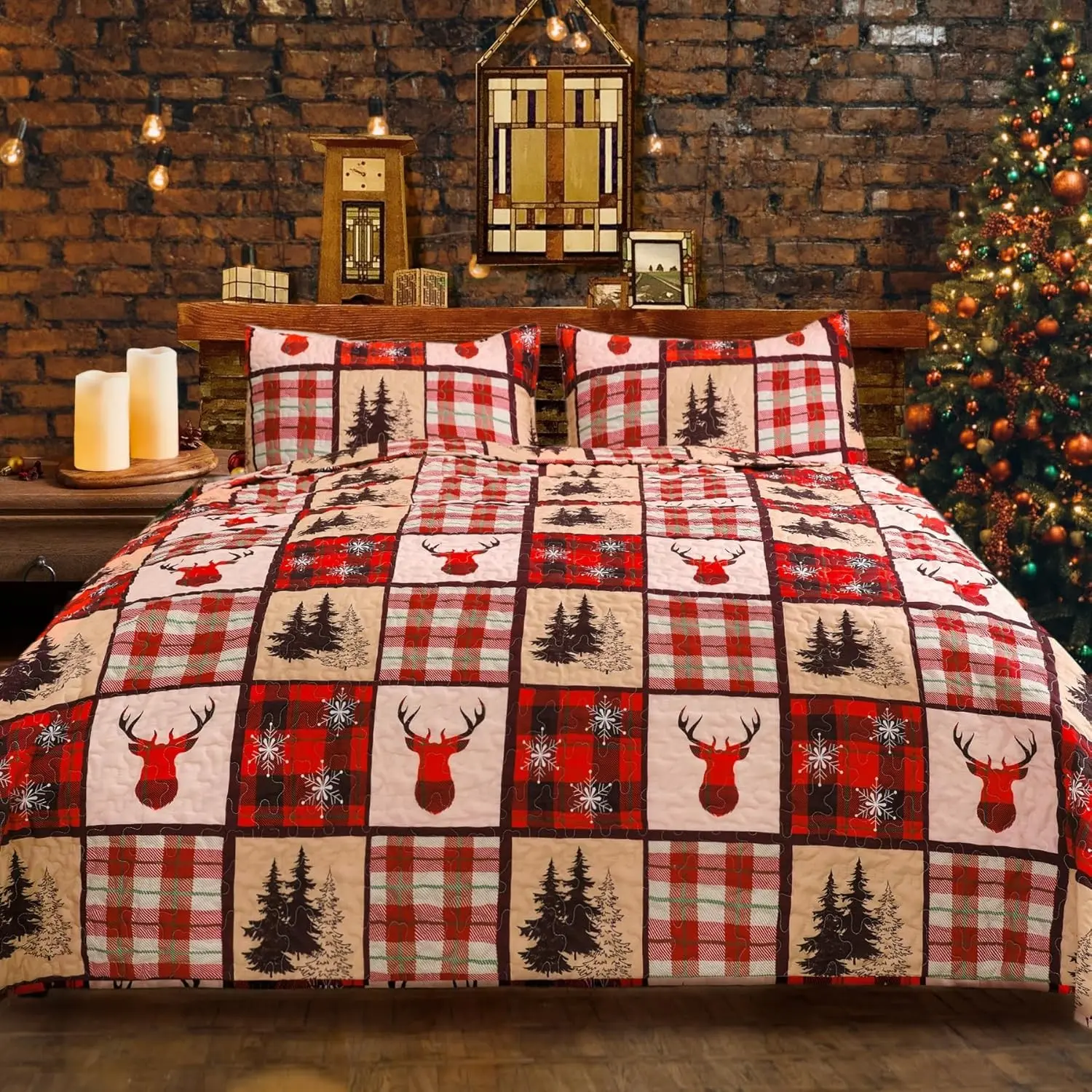 Christmas Quilt Set Queen Size Red Bedding Comforter Lightweight