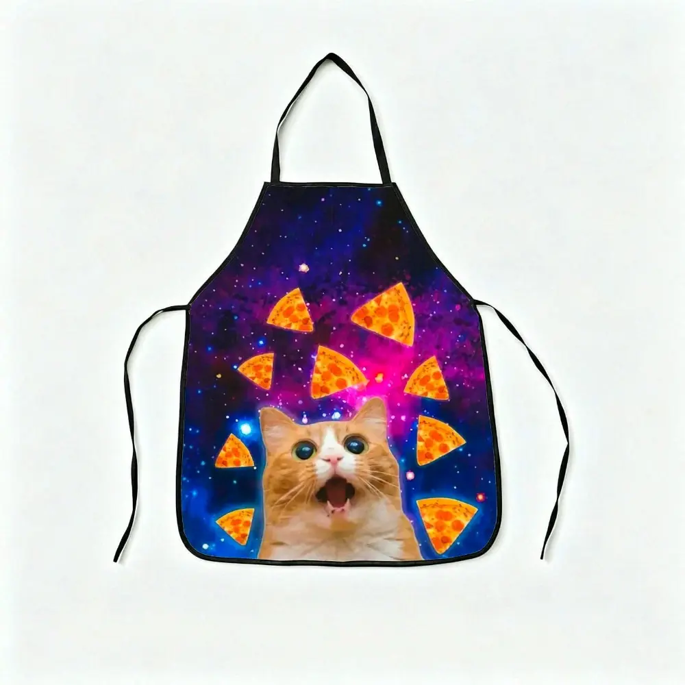 Galaxy Surprised Orange Cat Pizza Print Cooking Apron, Waterproof Oilproof Funny Space Kitchen Apron, Novelty Starry Sky BBQ Grilling Apron for Cat Lovers Gift