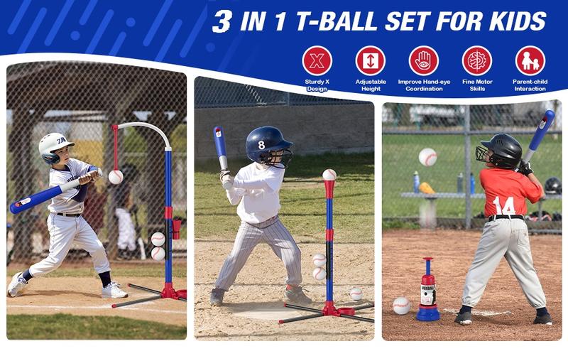 3-in-1 Baseball Set for Kids 3-5 - Tee Ball Stand, Hanging Tee, Ball Launcher and 6 Softballs - Adjustable Height, Indoor/Outdoor Sport Gifts for Boys, Blue/Purple