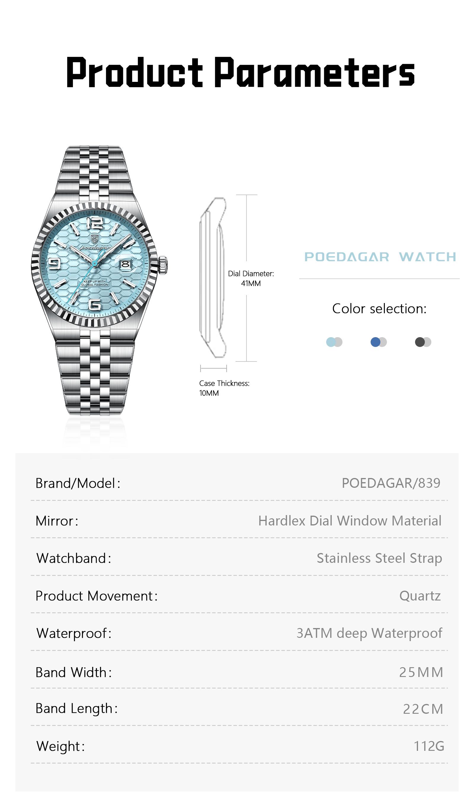 Poedagar original high-quality men's watch, waterproof, luminous, date, luxury, stainless steel quartz watch, men's watch, Modern Fashionable Wristwatch