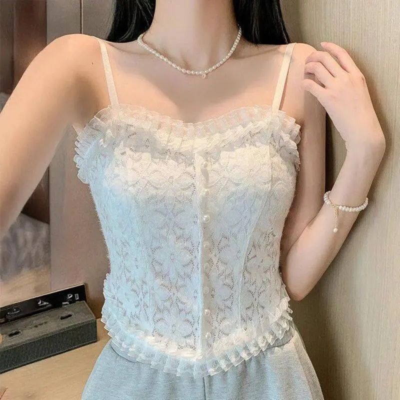 Lace Corset Cami Tops Women Embroidery Floral Pearl Button Ruffled Strappy Crop Bustier Tank Top Teen-girl Coquette Fairycore