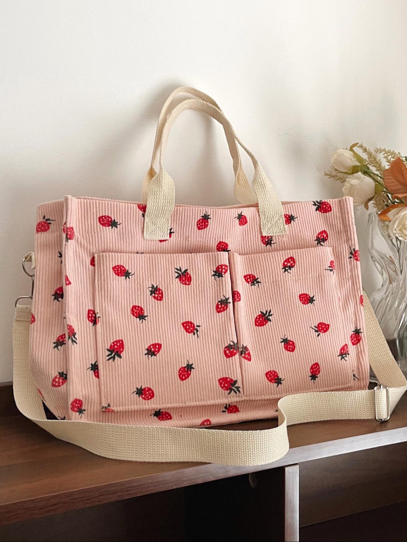 Stylish Strawberry Print Crossbody Shoulder Bag, Large Capacity Multi-Pocket Design, Perfect for Daily Commute & Shopping Needs, Floral Embossed Satchel