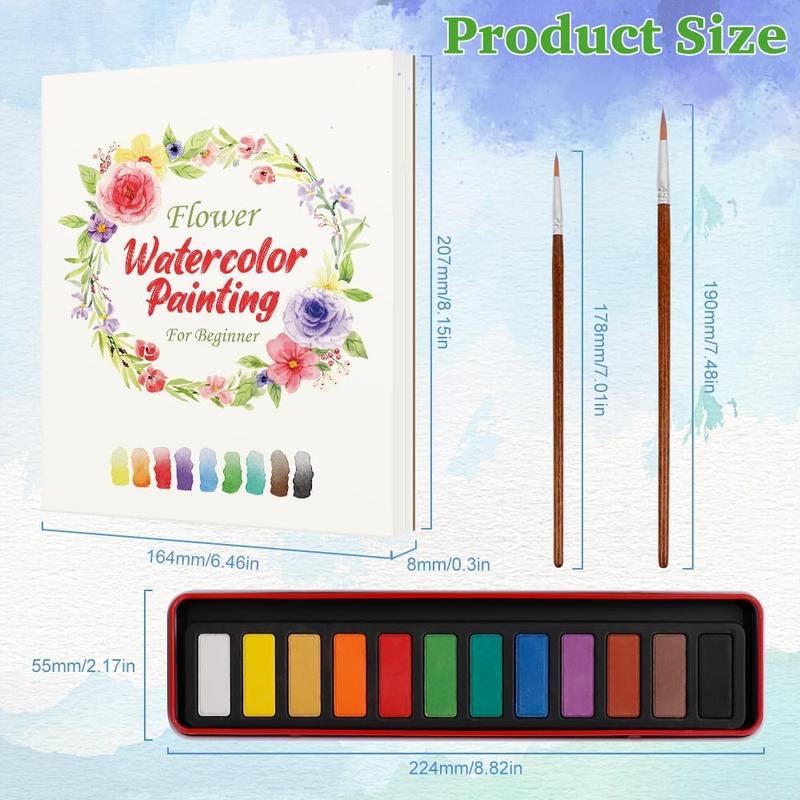 SkilLify Watercolor Flowers Workbook, Beginner Watercolor Paint Set, Flowers WaterColor Book, Arts & Crafts Coloring Book for Adults and Teens with 12-Color Paint Set & Brush, Valentine's Day gifts