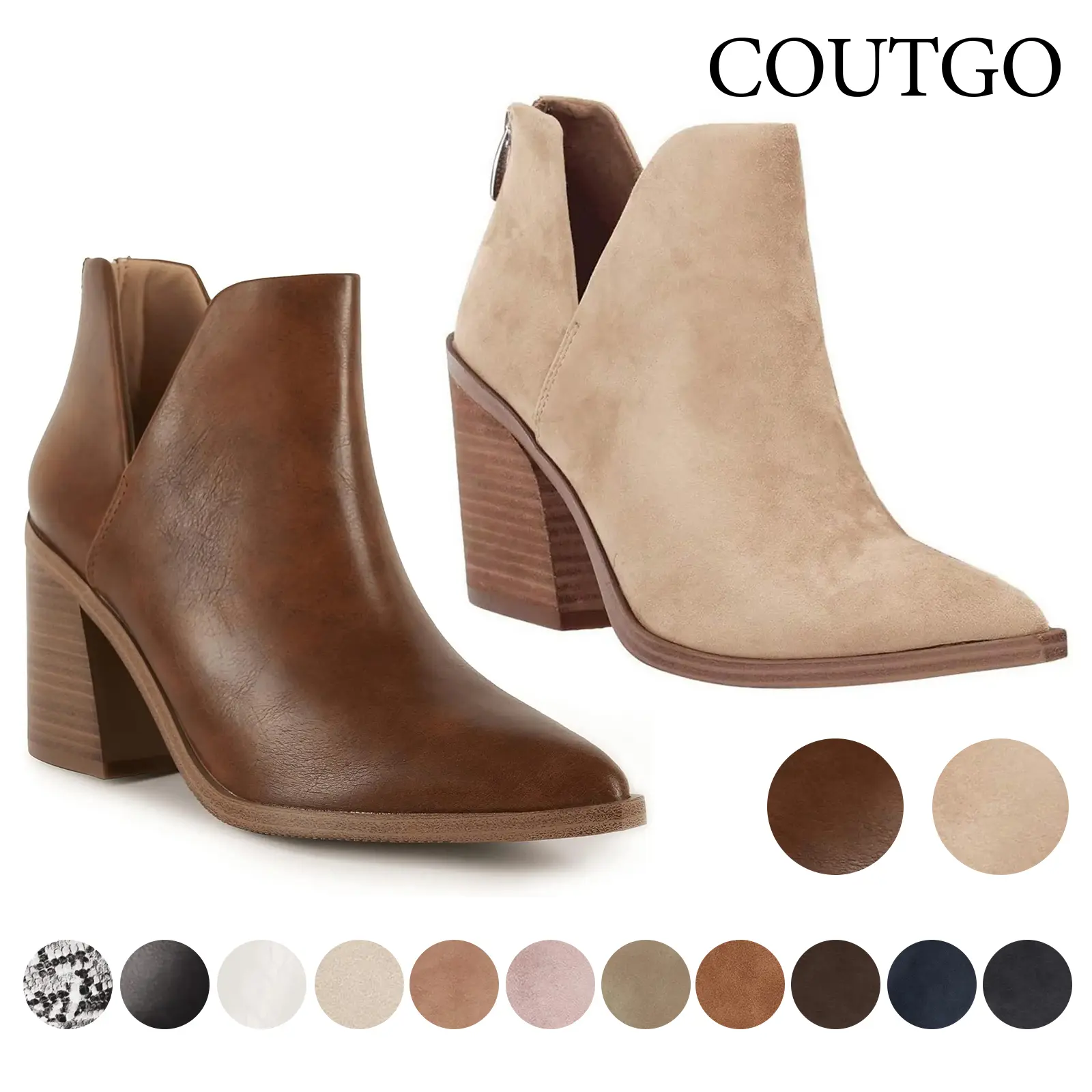 Coutgo Womens Pointed Toe Stacked Mid Heel Ankle Boots V Cut Back Zipper Faux Leather Booties tiktokshopbacktoschool