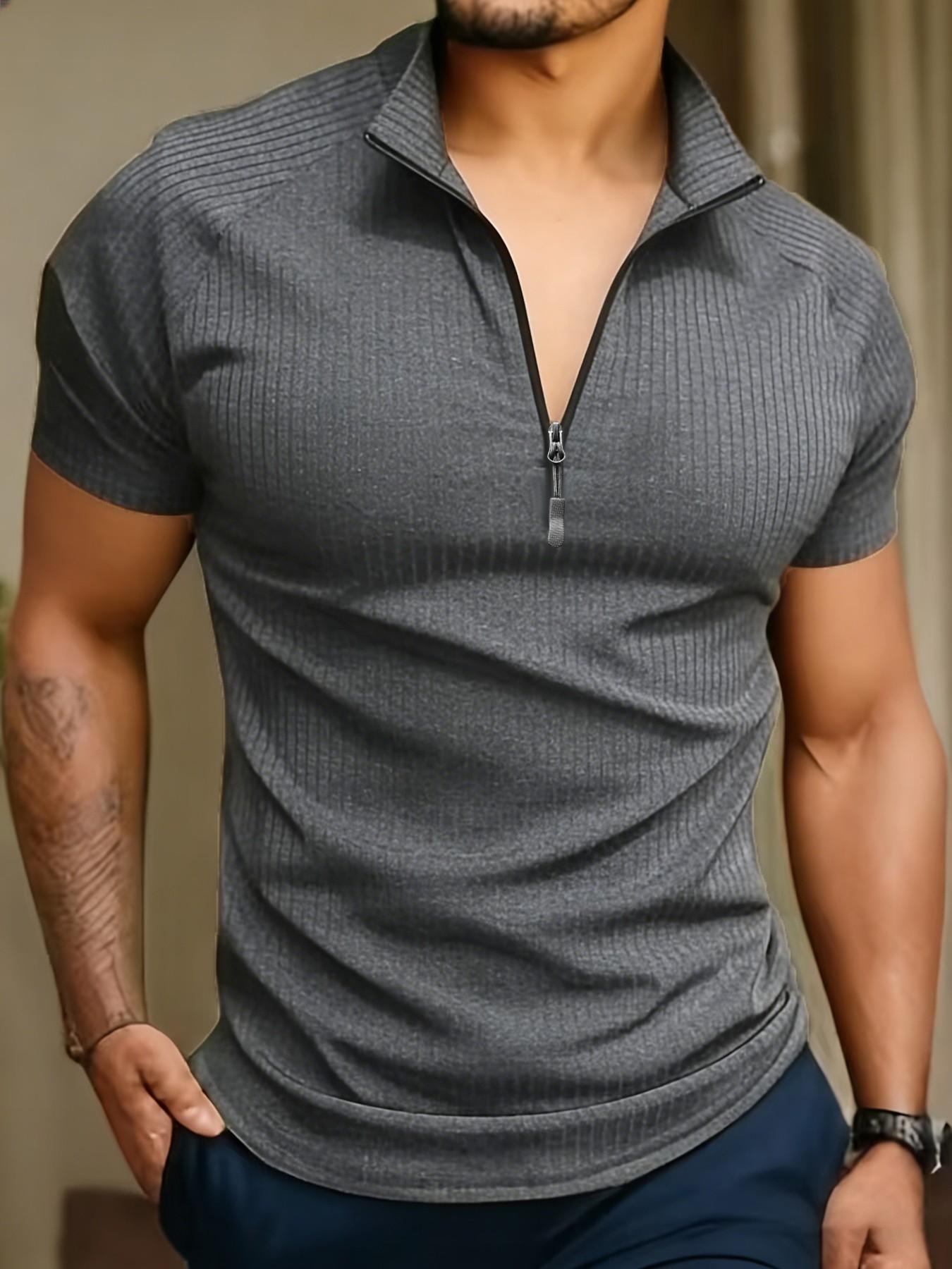 Men's Slim Fit Short Sleeve Quarter Zip Pullover, Quick-Dry Breathable Ribbed Sport T-Shirt, Ideal for Gym, Running, Casual Wear, All Seasons