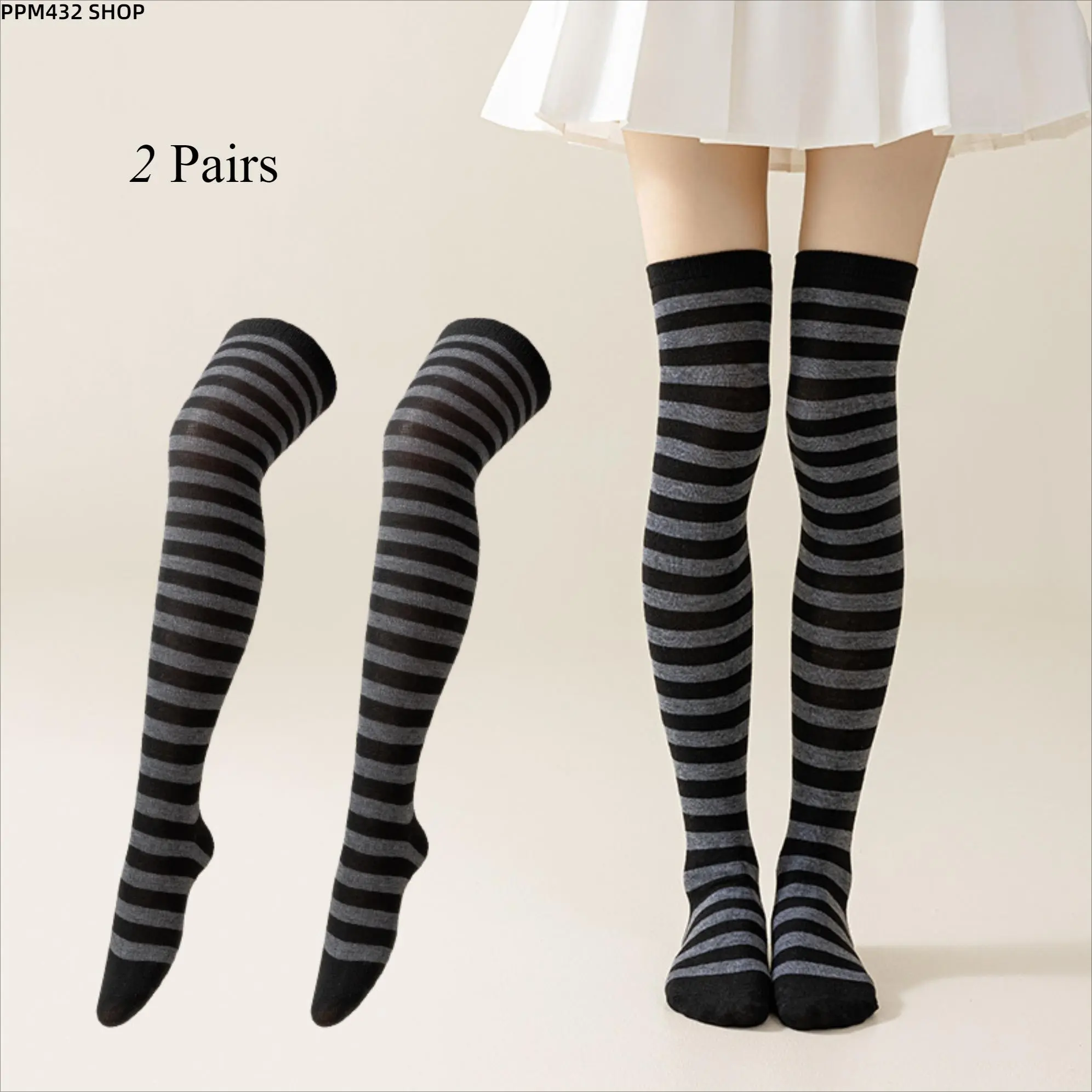 Women's Striped Thigh High Socks, 2 Pairs Dark Gray and Black Over The Knee Long Socks, Soft Stretch Knit Legwear for Women, Casual Y2K Style Fashion Accessories for Skirts, Dresses, Costumes and Daily Outfits