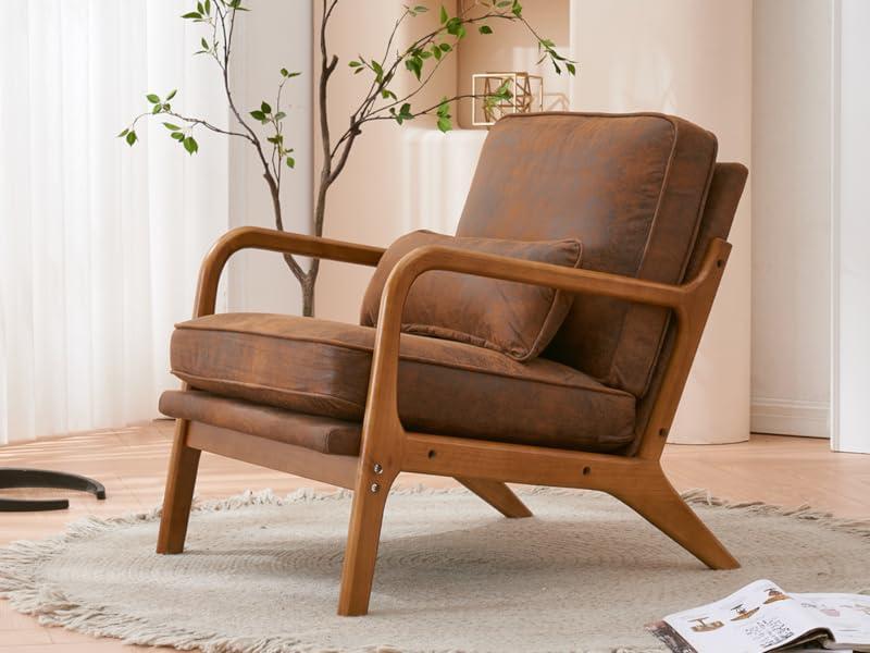 【Back to School】Karl home Accent Chair Mid-Century Modern Chair with Pillow Bronzing Cloth Lounge Arm Chair with Solid Wood Frame & Soft Cushion for Living Room, Bedroom, Belcony, Brown