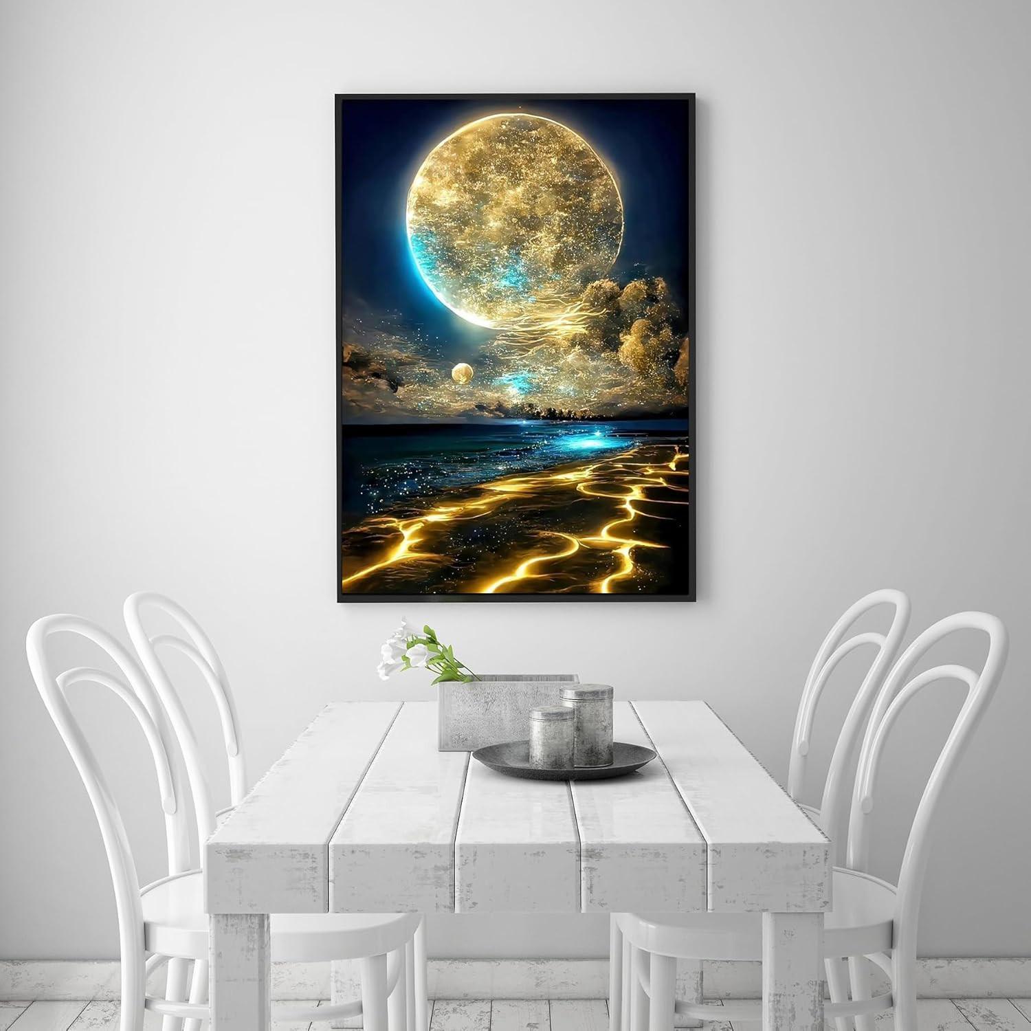 Adult 5D Diamond Painting Kit, Beginner-Friendly Moon Beach DIY Full Round Drill Moonlight Landscape, Home Wall Decor, 12x16 Inches, No Frame Included
