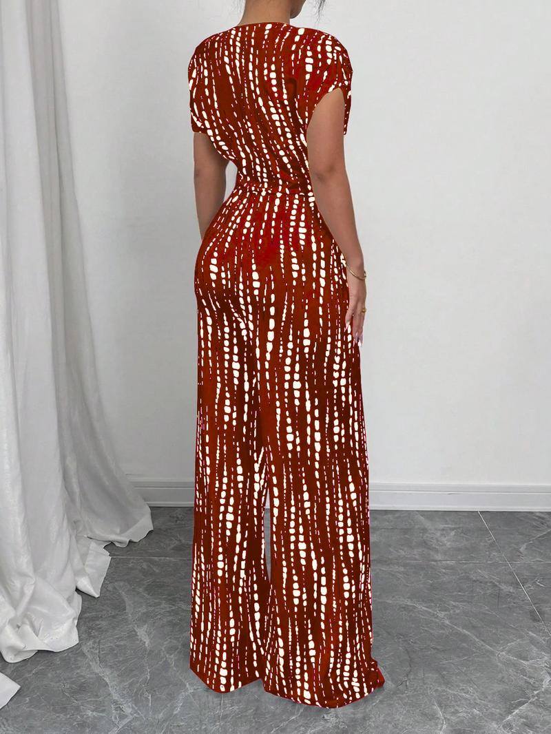 Women's All Over Print Tie Front   Jumpsuit, Casual Asymmetrical Neck   Jumpsuit for Spring & Fall, Women's Clothes for Daily Wear