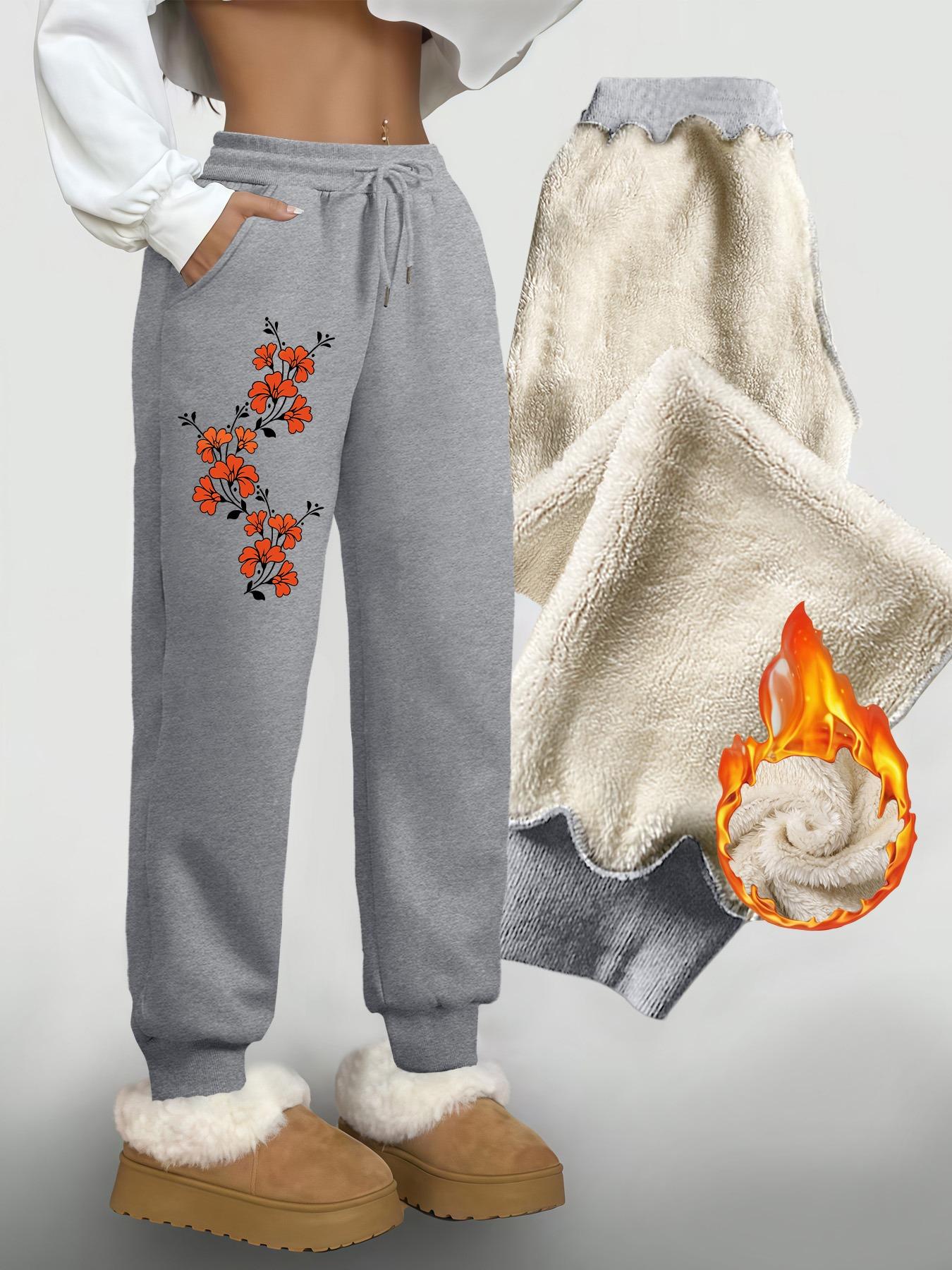 Women's Fleece Lined Long Pants, Floral Print, Drawstring Waist, Pockets, Casual Fall & Winter Wear, Warm Lamb Velvet Trousers