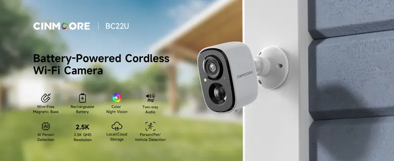 CINMOORE 2.5K Cordless Wireless Security Camera - Magnetic Mount Indoor/Outdoor Smart Home Gadget, Free Installation, HD Video, Full-Color Night Vision, Motion Detection, Wi-Fi, 2-Way Audio, Smartphone Control, Manufacturer Warranty, Monitor Capability