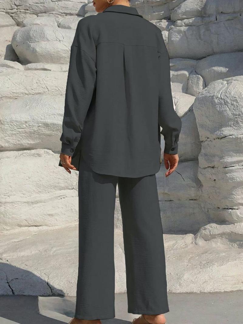 Lm131 Tie Front WideLeg Pants With Pockets & Women's Solid Button Front Shirt Two-piece Set,Casual Modest Outfit, Casual Fashion Set
