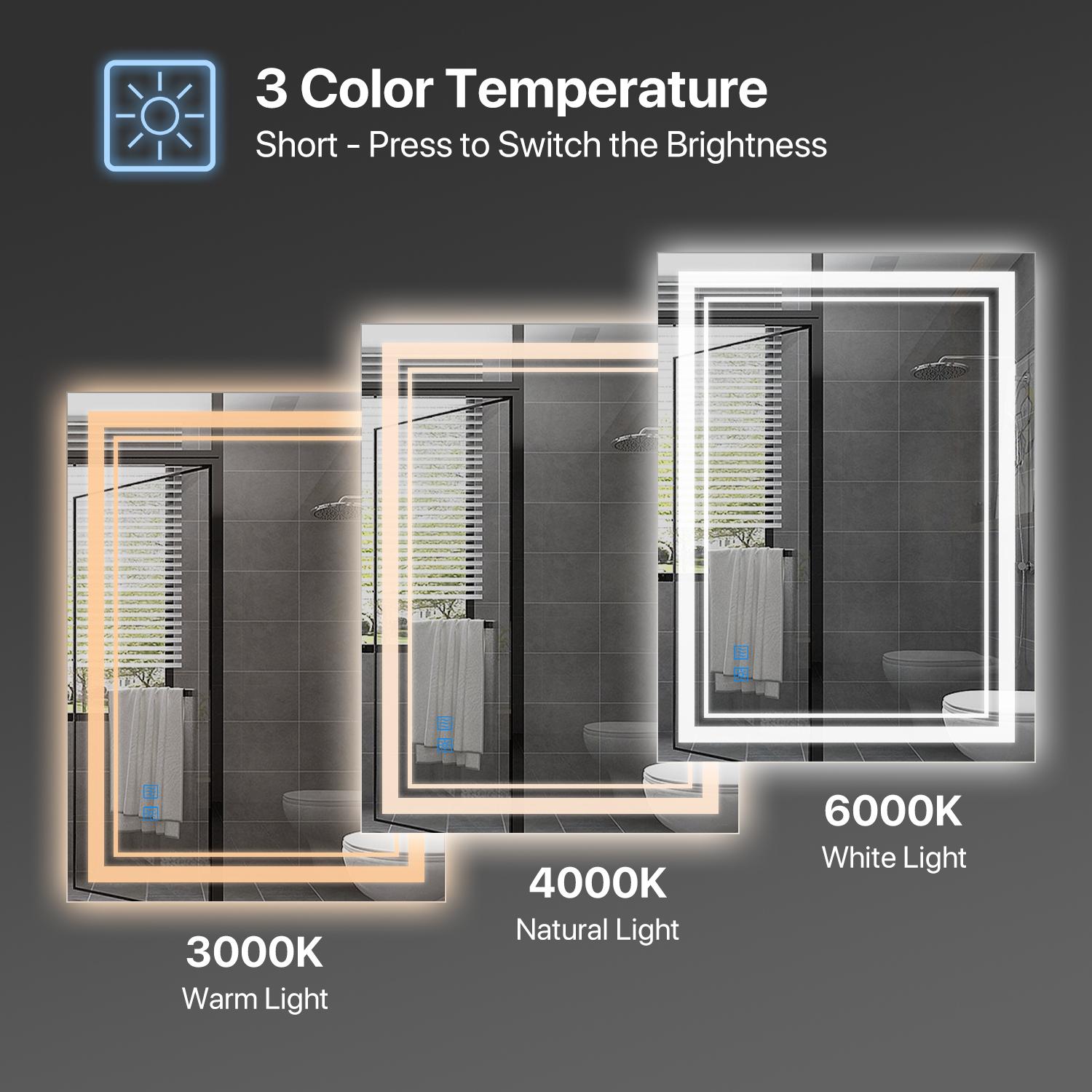 GLITGATE LED Bathroom Mirror Lights, Dimmable Bathroom Mirror with Touch Control, Over Sink Bathroom Mirror with Tempered Glass, 3-Color Options, Wall Mounted, Defogging&Memory Timing Function, Closets, Hallways,Barber Shop