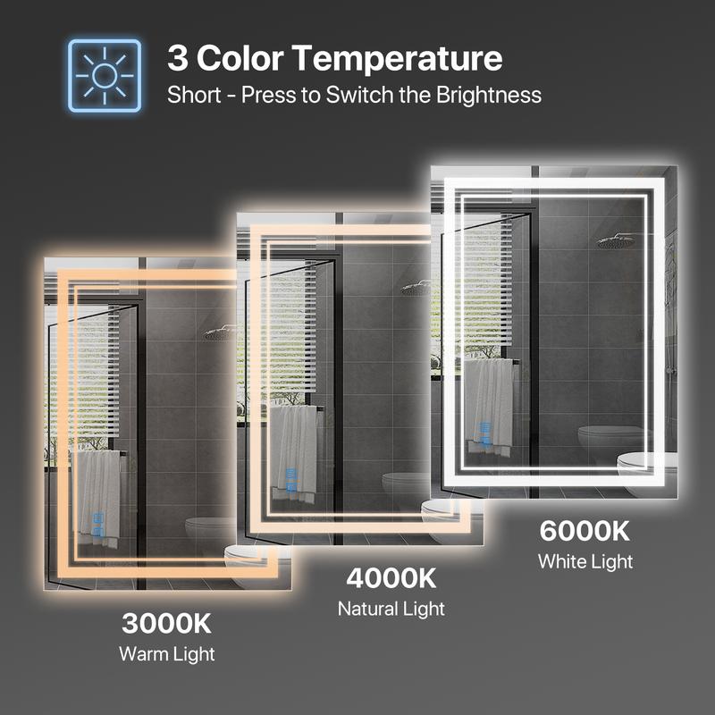 GLITGATE LED Bathroom Mirror Lights, Dimmable Bathroom Mirror with Touch Control, Over Sink Bathroom Mirror with Tempered Glass, 3-Color Options, Wall Mounted, Defogging&Memory Timing Function, Closets, Hallways,Barber Shop