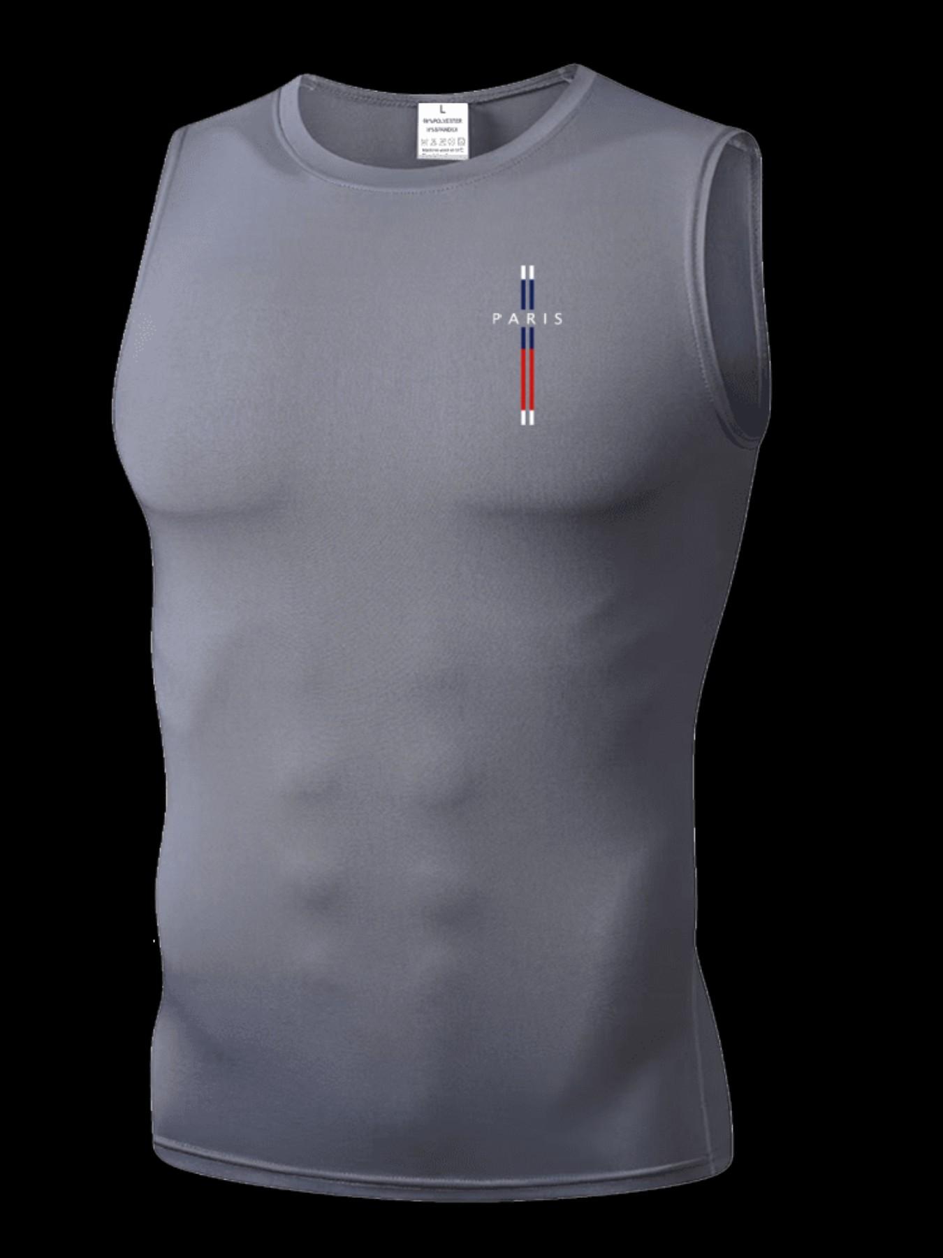 Men's Short Sleeve Sporty Tee, Quick-Dry Breathable Fabric, Paris Pattern, Slim Fit, High Elasticity, Ideal for Gym, Running, Boxing