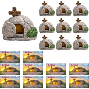 Watayo 10 Set Easter Mini Tomb with Cards, Resin Empty Tomb Easter Scene and Cross Decoration, Miniature Christian Resurrection Scene Tombs for Religious Easter Basket Stuffers Church Sunday Gifts
