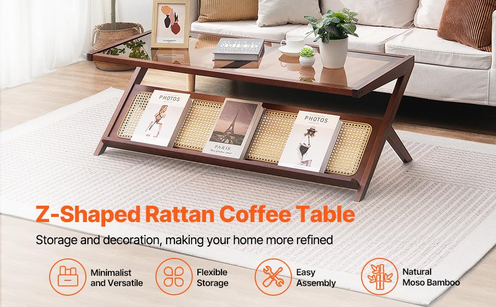 VEVOR Rattan Coffee Table, Z-Shaped Rattan Woven Bamboo Coffee Table with Tempered Glass Top, 47 Modern Boho Storage Coffee Table with Natural Bamboo Legs, for Living Room, Bedroom Small Spaces