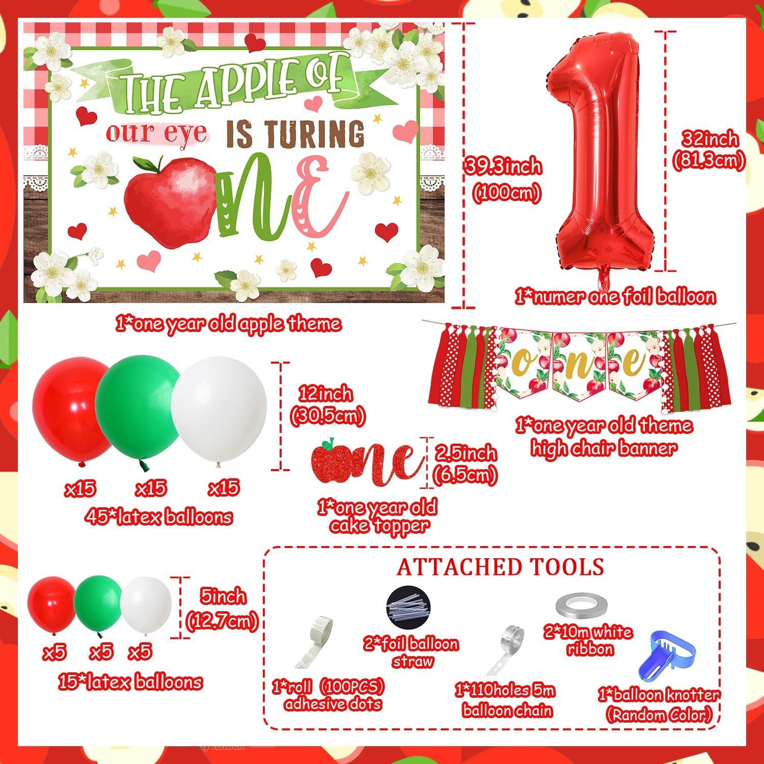 1Set Apple Themed 1anniversary Birthday Party Decorations with the Apple of Our Eye Is Turning One Backdrop High Chair Banner Apple Cake Topper for Baby Shower Fruit 1anniversary Birthday Party Supplies