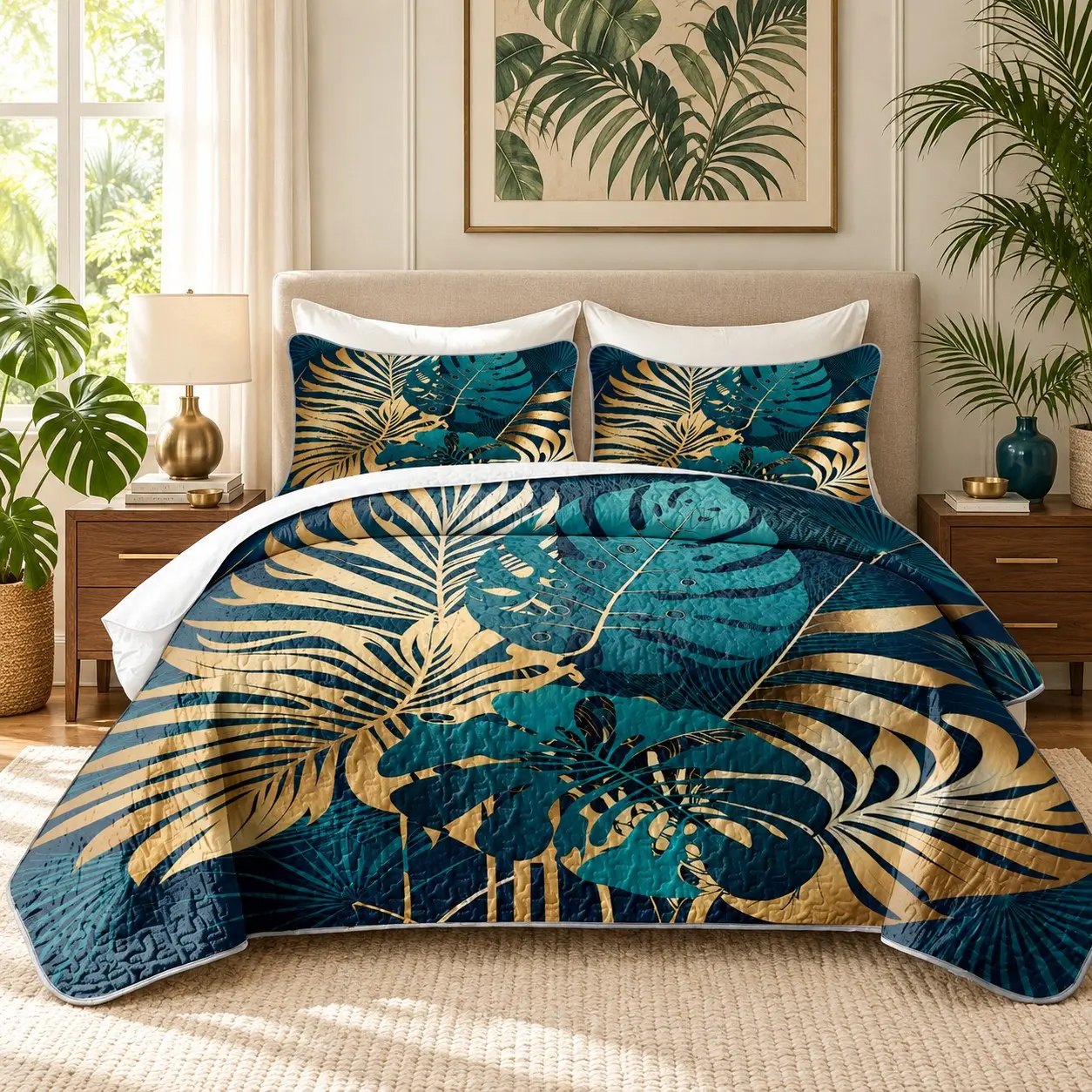 3PCS autumn and winter blue gold tropical turtle back bamboo bed cover set, 2D flat digital printing, quilted bed cover+pillowcase, including 1 bed cover+2 pillowcases, modern minimalist bedding bedroom decoration, size king, queen, double twin bed cover