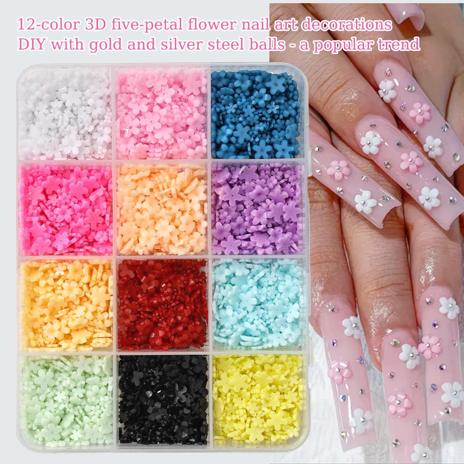 Multicolor five-petal flower nail art accessories, available in 6 compartments/12 compartments/24 compartments, ultra-thin cherry blossom petals, suitable for various styles of nail decoration, for professional nail salons