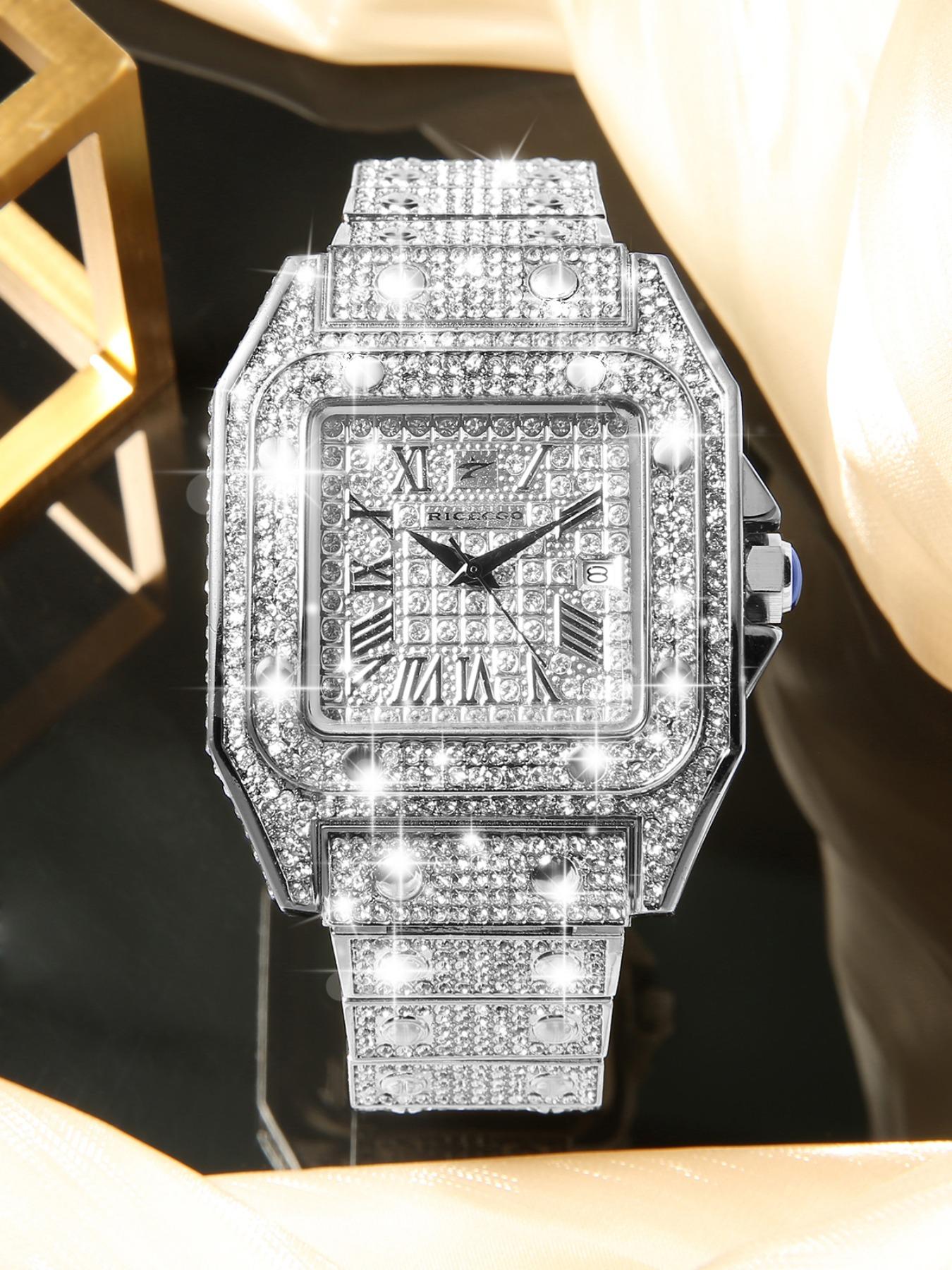 RICECGO Luxury Full-Diamond Men's Watch: Sparkling with diamonds, this timepiece features elegant design and refined details, showcasing the charm of a stylish man. It is an accessory that elevates your style, Fashionable Wristwatch