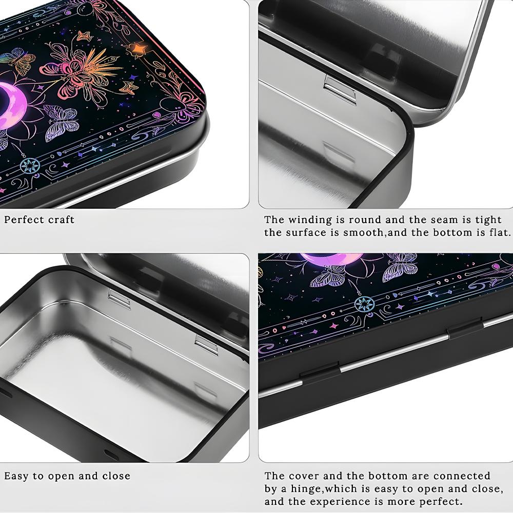 1Pc Celestial Moon & Butterfly Metal Tin Box with Hinged Lid - Small Storage Containers for Tarot Crystals, Jewelry - Decorative Rectangular Tinplate Organizer, Desktop Storage Box, Collectibles Storage, Witchy Gift for Women, Display Container