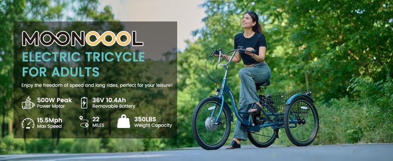 MOONCOOL MC 350 Electric Trike, 24/26 Inches 7 Speeds 3 Wheels Electric Bikes for Adults, 350W Motorized Electric tricycle with 10.4Ah Removable Battery 16MPH