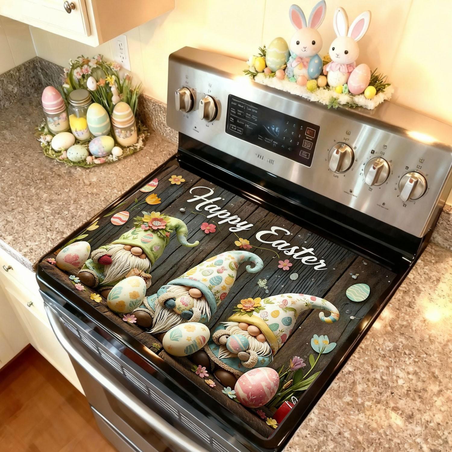 Easter Soft Magnetic Stove Panel Protector Pad, Small Dwarf Flower Wood Grain Design, Scratch Resistant, Easy to Clean, Multi-Purpose Kitchen Cover