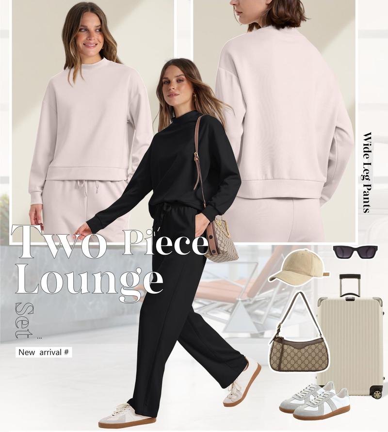 OFEEFAN Two Piece Sets for Women Fall Outfits Lounge Sets Mock Neck Tops Wide Leg Pants Vacation Travel Airport Outfits Casual Long Sleeve