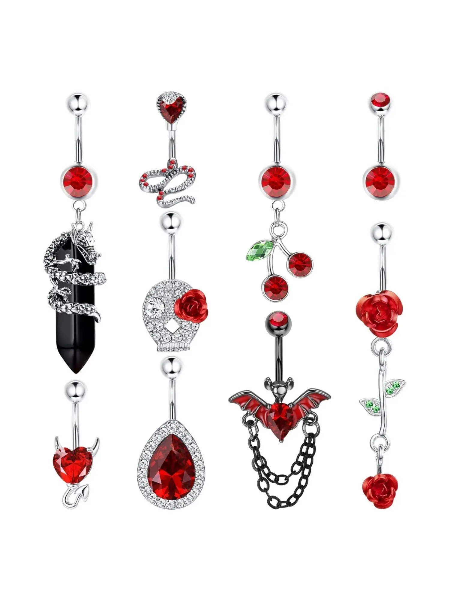 9 Pcs Red Rose Elegant Belly Button Rings For Women Men Stainless Steel Shining Cubic Zirconia Heart Butterfly Belly Piercing Jewelry Set Body Piercing Jewelry Navel Ring Body Jewellery