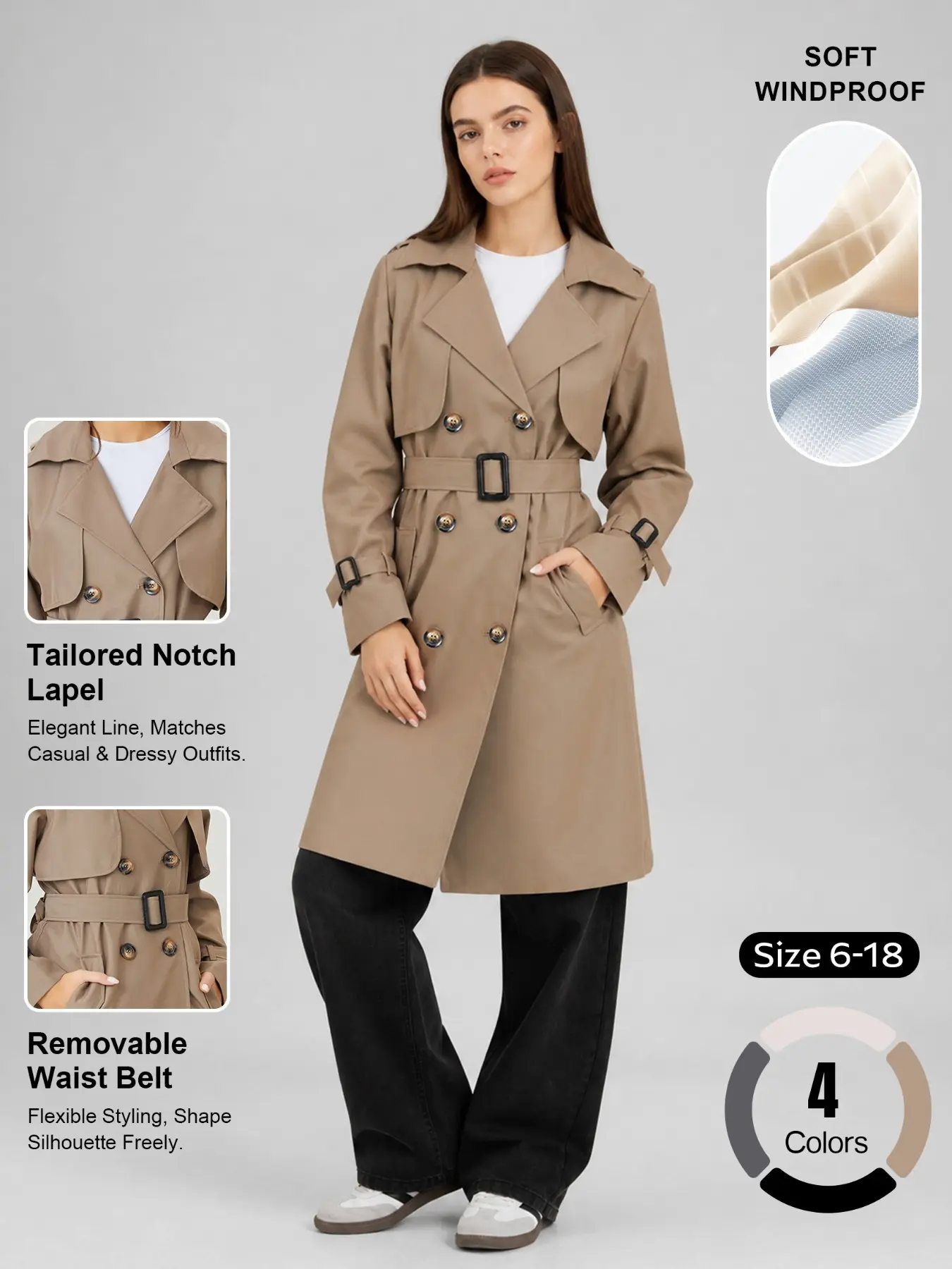 Women's Elegant Double-Breasted Detachable Belt Coat, Fall Winter Asymmetrical Lapel Side Pocket Long Sleeve Outerwear, Lightweight Windproof Jacket