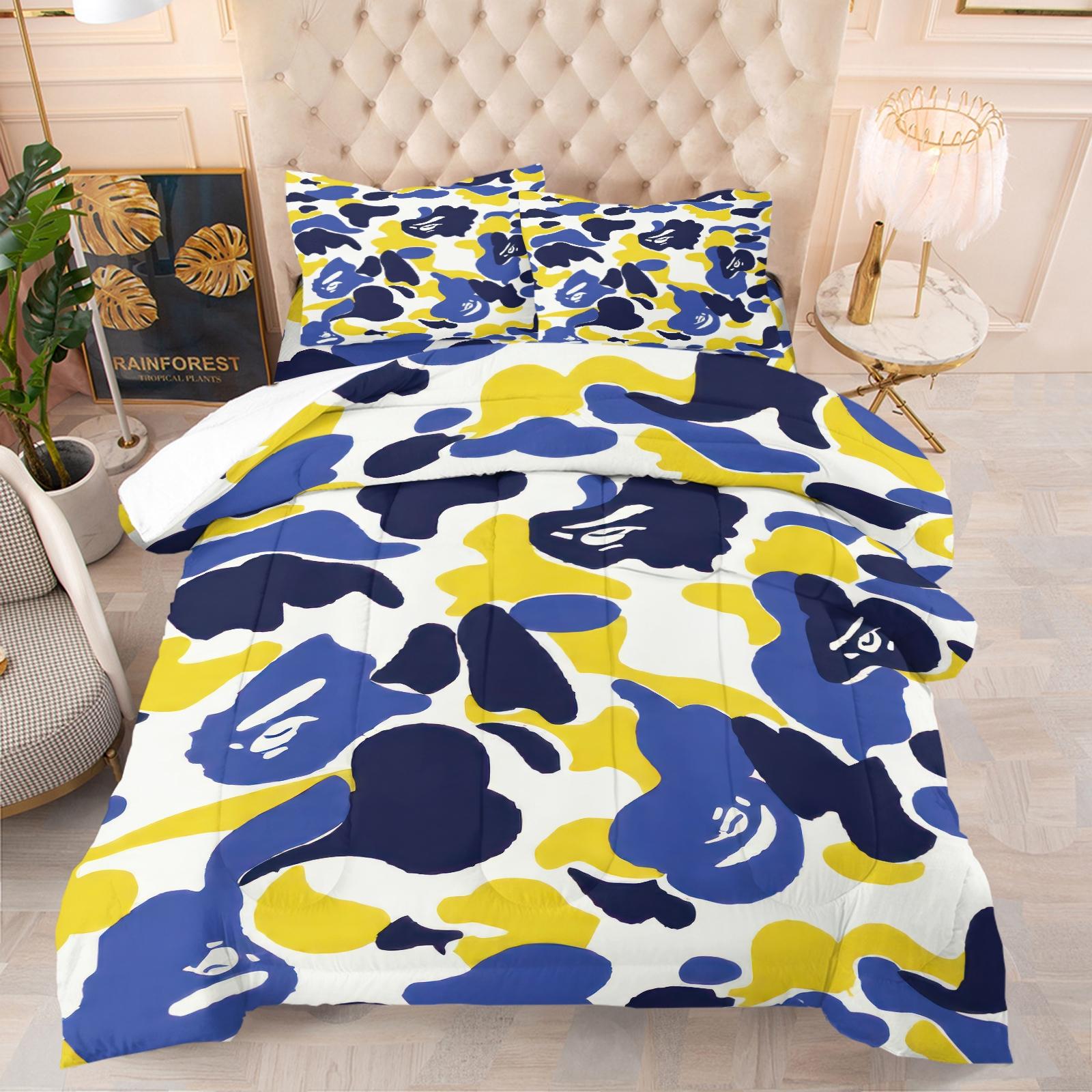 APBE Black White Ape Head Camo Comforter Set, 1 Comforter & 1-2 Coreless Pillowcases, ABC Camo & Ape Head Design, Comfortable Warm Bedding, Minimalist Trendy Industrial Bedroom Decor, Teens & Fans Gift