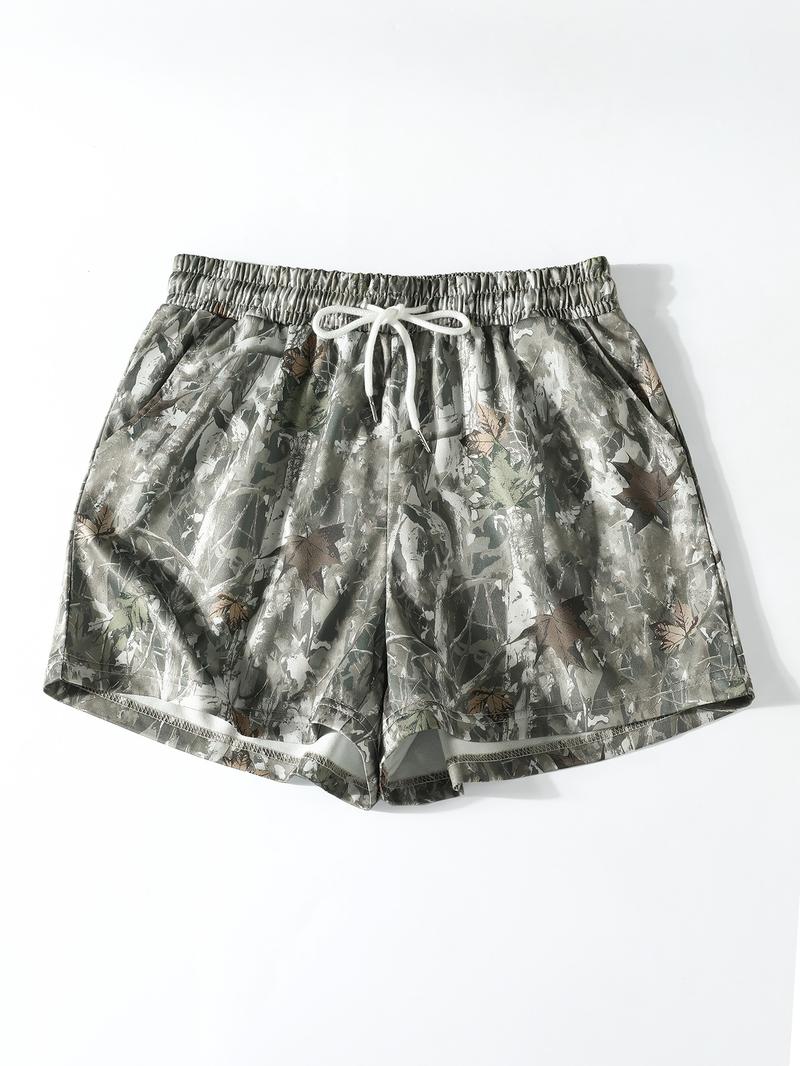 Vintage Street Withered Branch Camo Print Loose-Fit Gym Shorts, Casual All-Season Wear, Moderate Fabric Thickness, Kint Style, Athletic Shorts