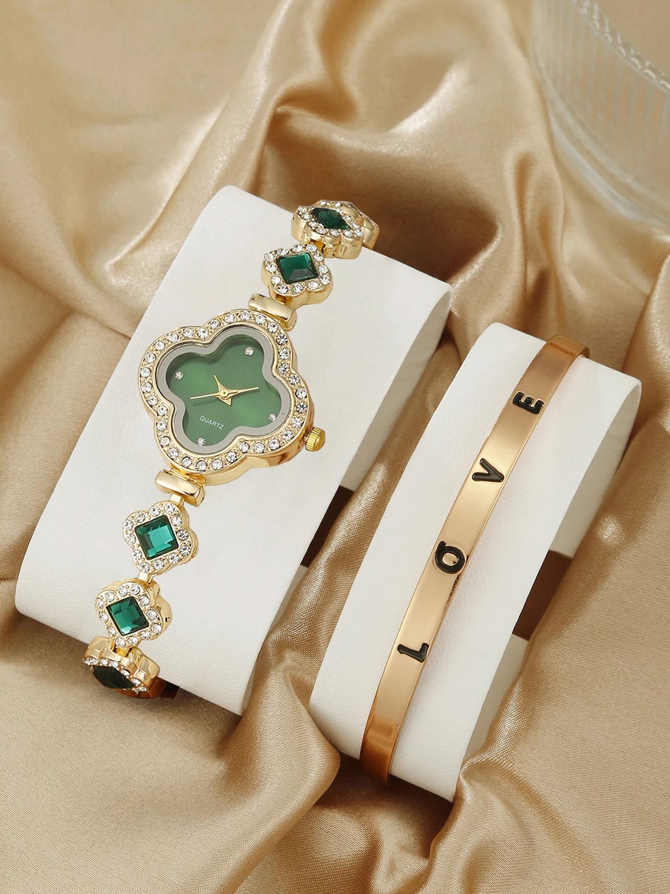 2-Piece Fashion Clover Bracelet Quartz Watch Emerald Women's Watch