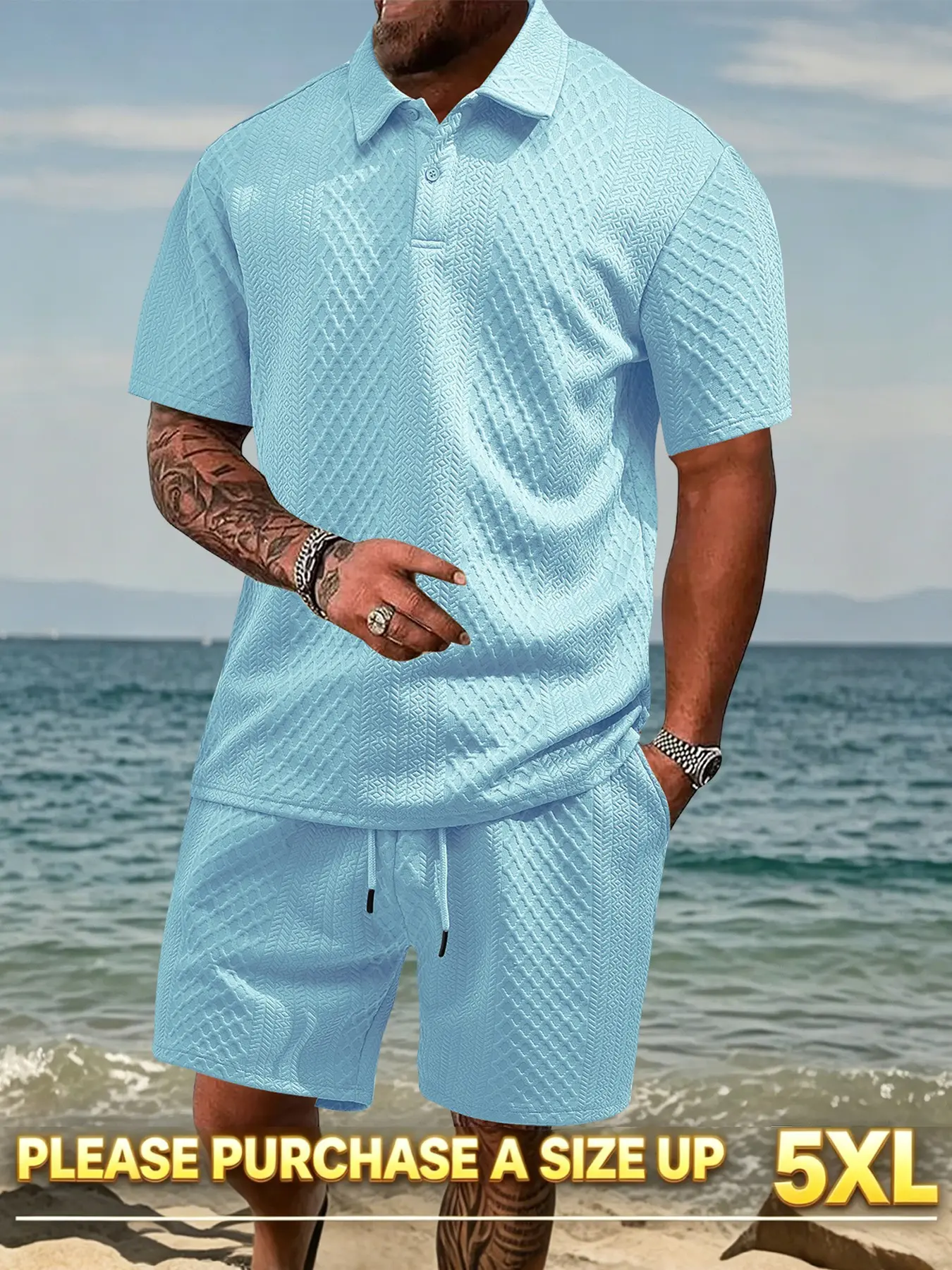 Please Purchase A Size Up. Men's Solid Casual Polo Shirt & Drawstring Waist Shorts Set, Cozy Breathable Two-piece Outfits for Daily Outdoor Wear, Men Clothes for Summer.