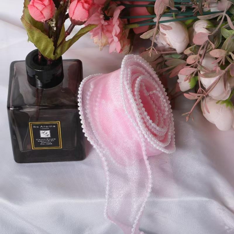 4cm Fish Tail Satin Ribbon with Pearl Trim, DIY Wedding Packaging Tape, Valentine's Day Gift Box Wrap, Floral Art Decorations