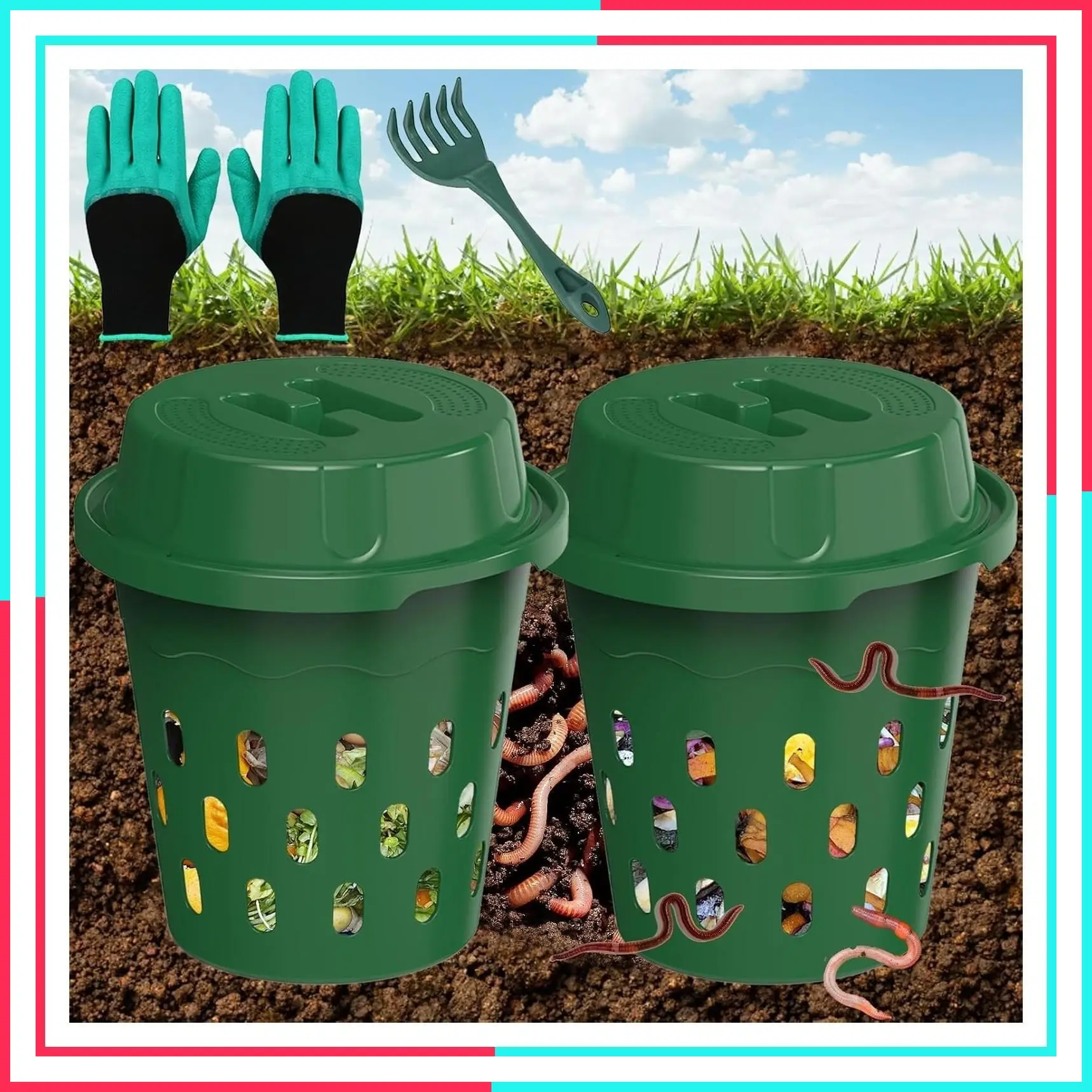 2-Pack Inground Worm Composter, Outdoor Worm Compost Bin for Garden Beds and Home Use, Vermicomposting Bin for Beginners, 9.5x9.5x10.8 Inch, Green